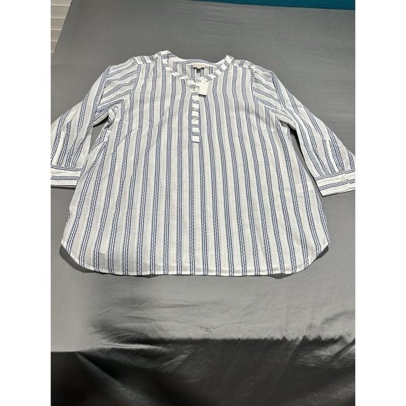 Talbots Tops - NWT Talbots Women's White Blue Stripe Henley Blouse  100% Cotton XL Casual Relax